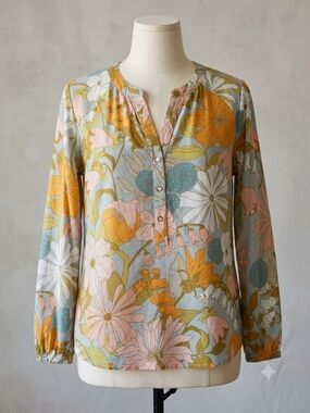 Spartina 449 Pastel Floral Split-Neck Blouse in Yellow, Pink, Blue 100% Silk